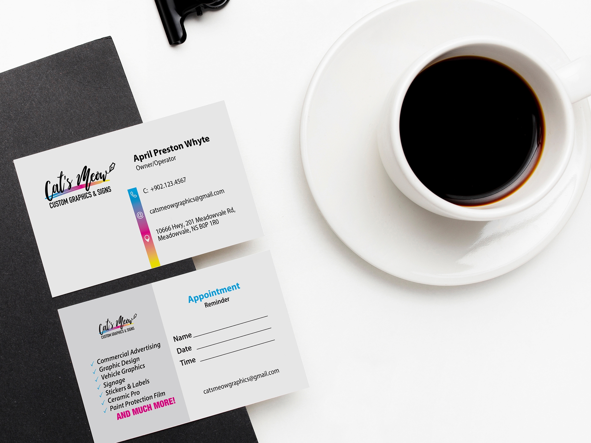 Elegant business desktop with visit card mockup on white backgro